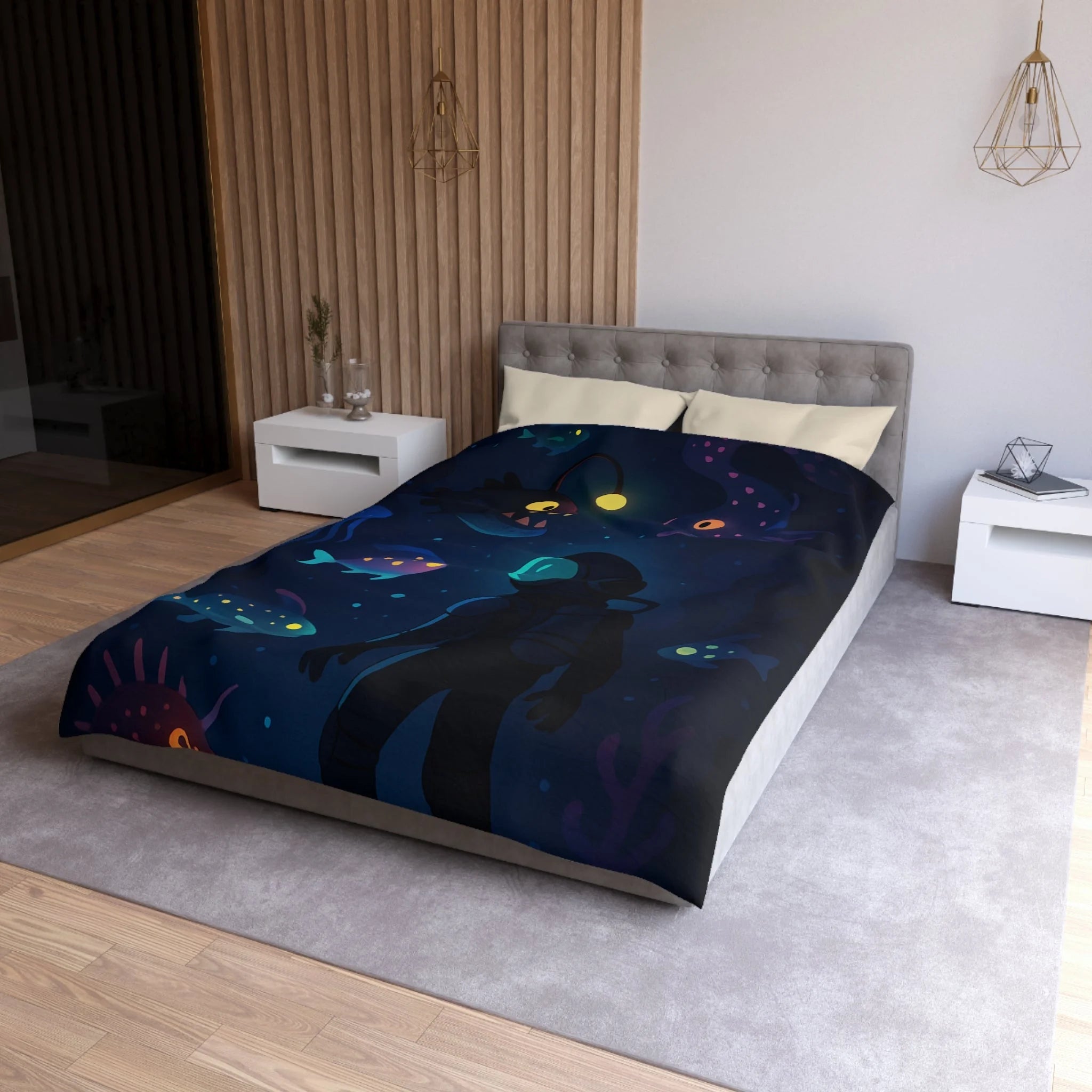 Housse de couette océanique avec plongeur et créatures marines lumineuses mystérieuses