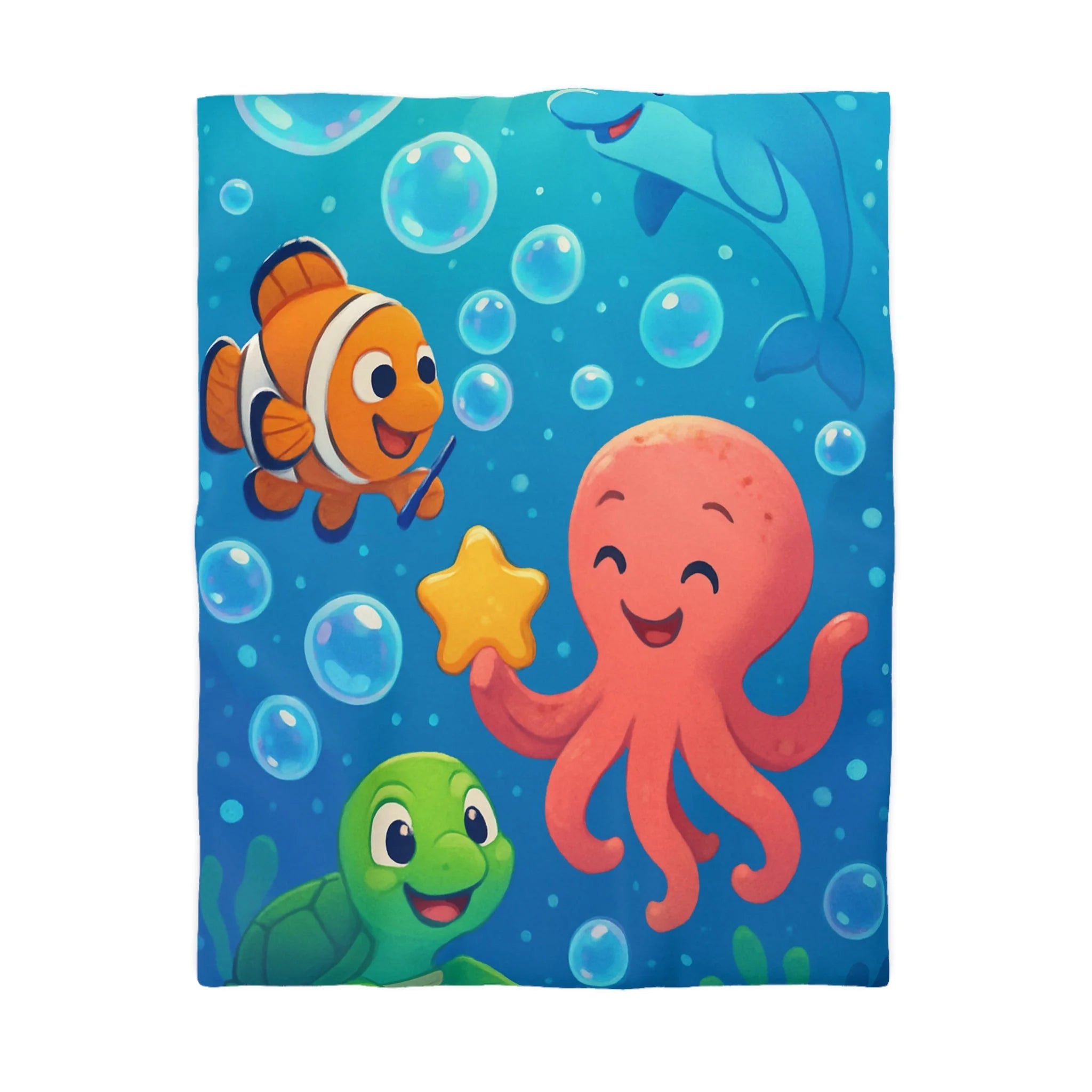 Housse de couette sous-marine avec pieuvre, dauphin, poisson clown et tortue joyeuse