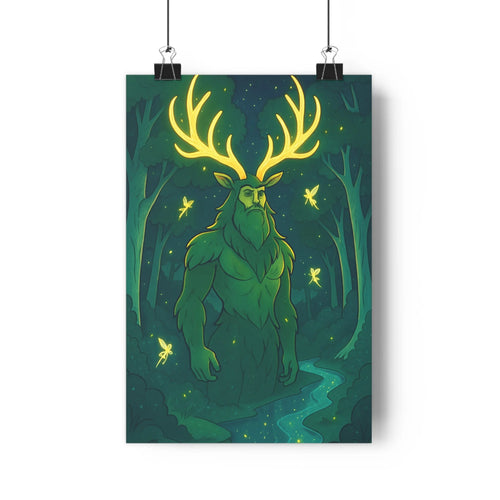 Poster fantastique forêt nuit personnage cornes dorées peau verte arbres rivière libellules luminescentes ombres douces style cartoon ambiancesereine mystère chambre
