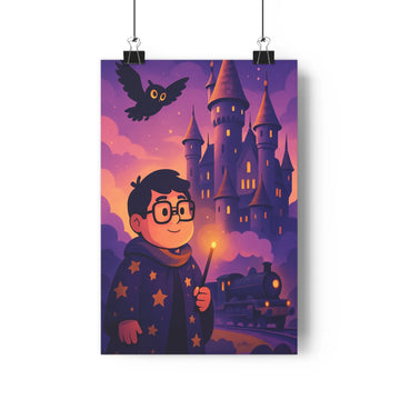 Poster sorcier baguette château gothique hibou nuit étoiles magie mystère violet orange simple cartoon enchantement aventure fantastique