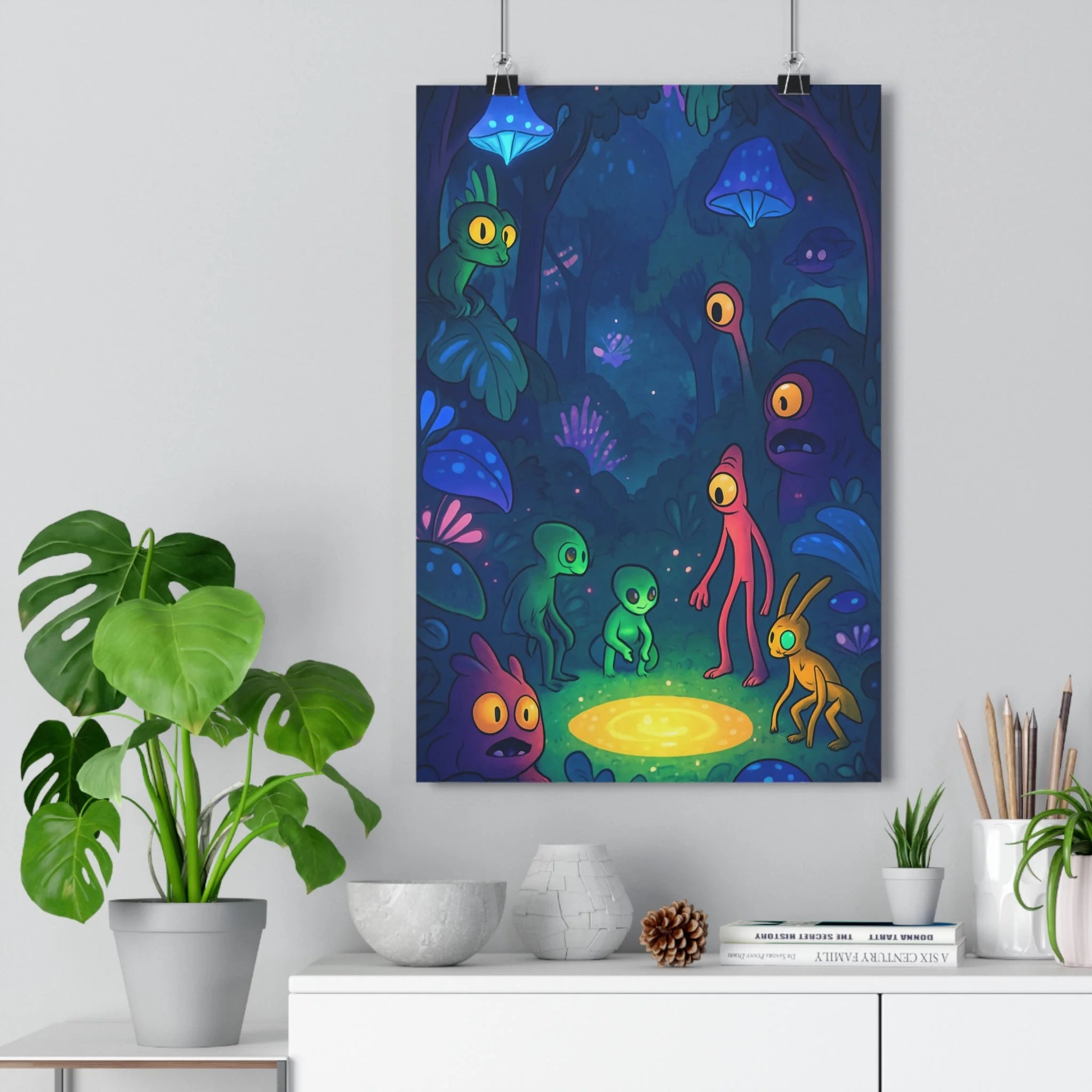 Poster décoratif fantastique aliens forêt mystérieuse bleu violet chambre détente ambiance onirique 30x46 cm