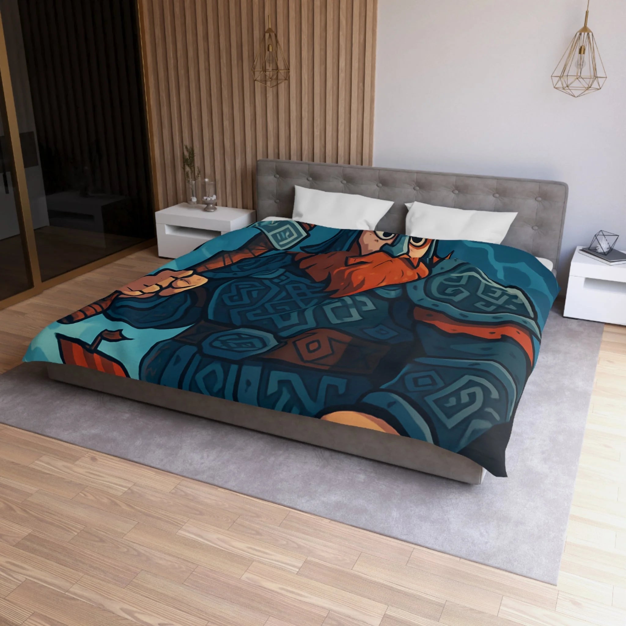 Housse de Couette Viking Illustrée avec Guerrier et Drakkar sur Fond Océan Tempétueux