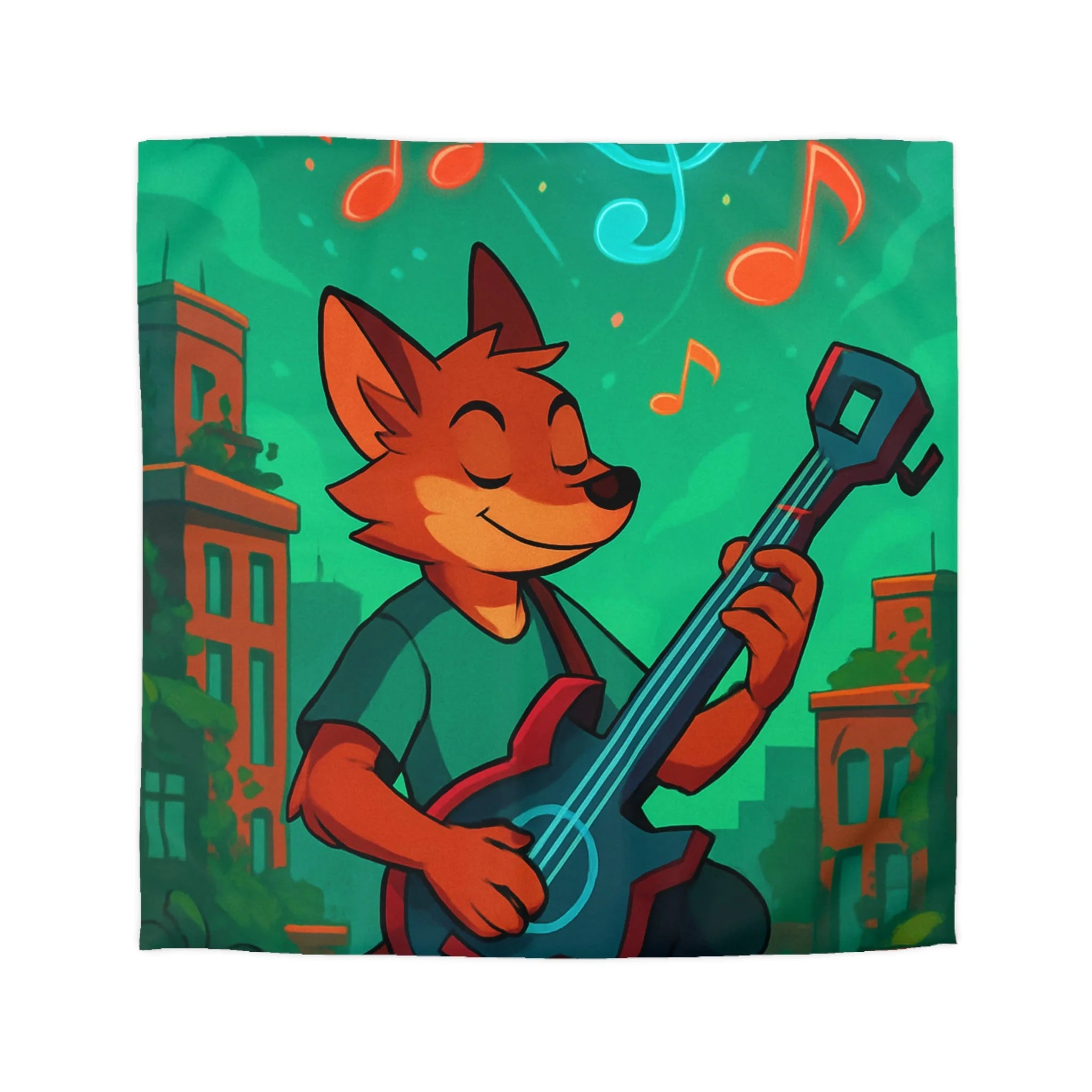 Housse de Couette Musicale avec Renard Jouant de la Guitare et Notes Colorées