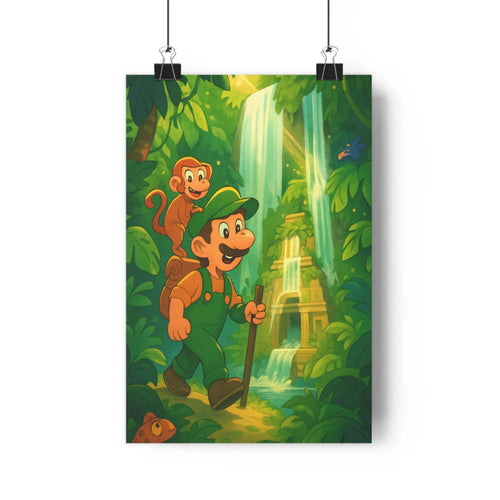 Poster aventurier jungle vert jaune cascade singe exploration curiosité forêt tropicale ambiance lumineuse style cartoon détails soignés couleur vive chambre