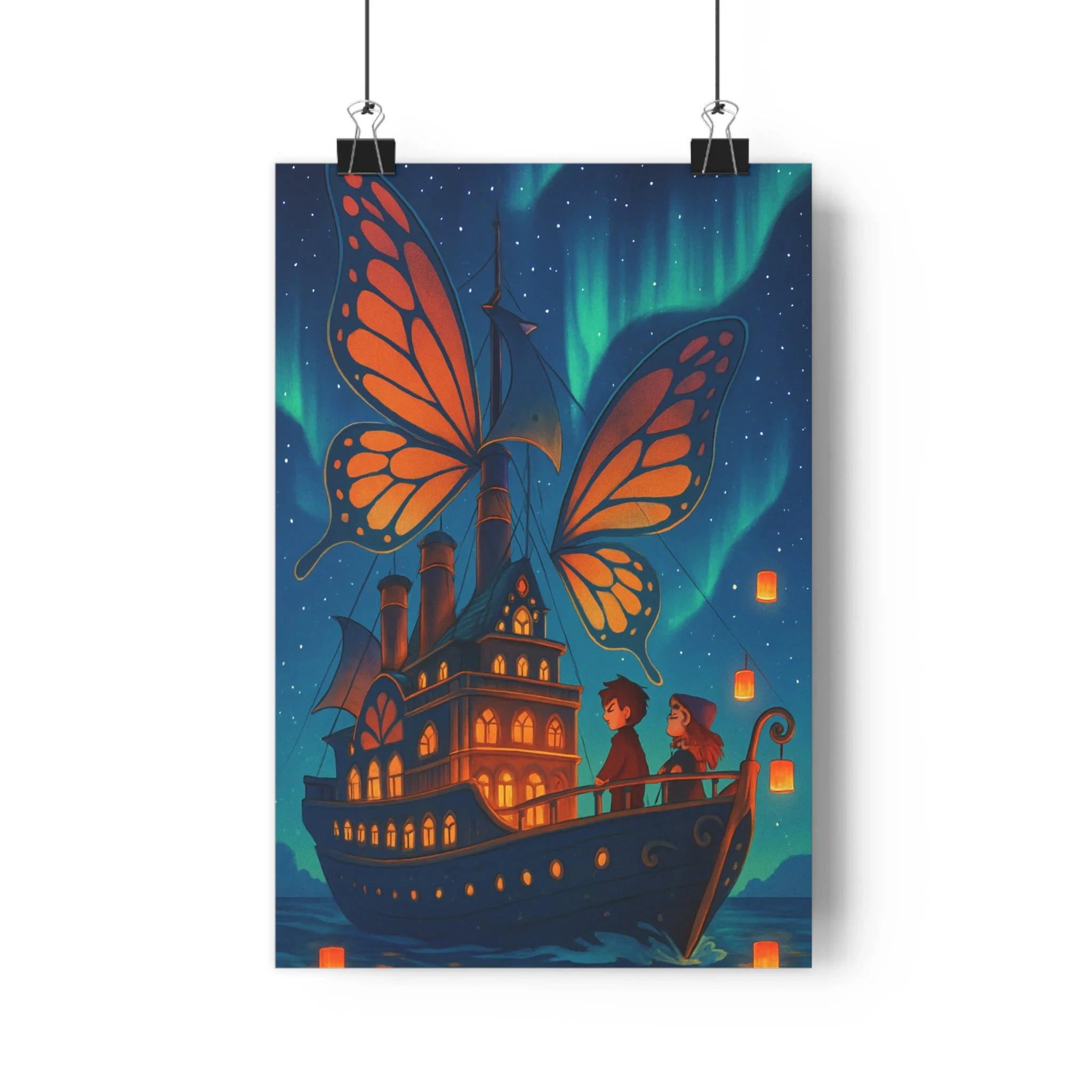 Poster décoratif navire fantastique ciel étoilé aurores boréales bleu vert magique aventure chambre qualité
