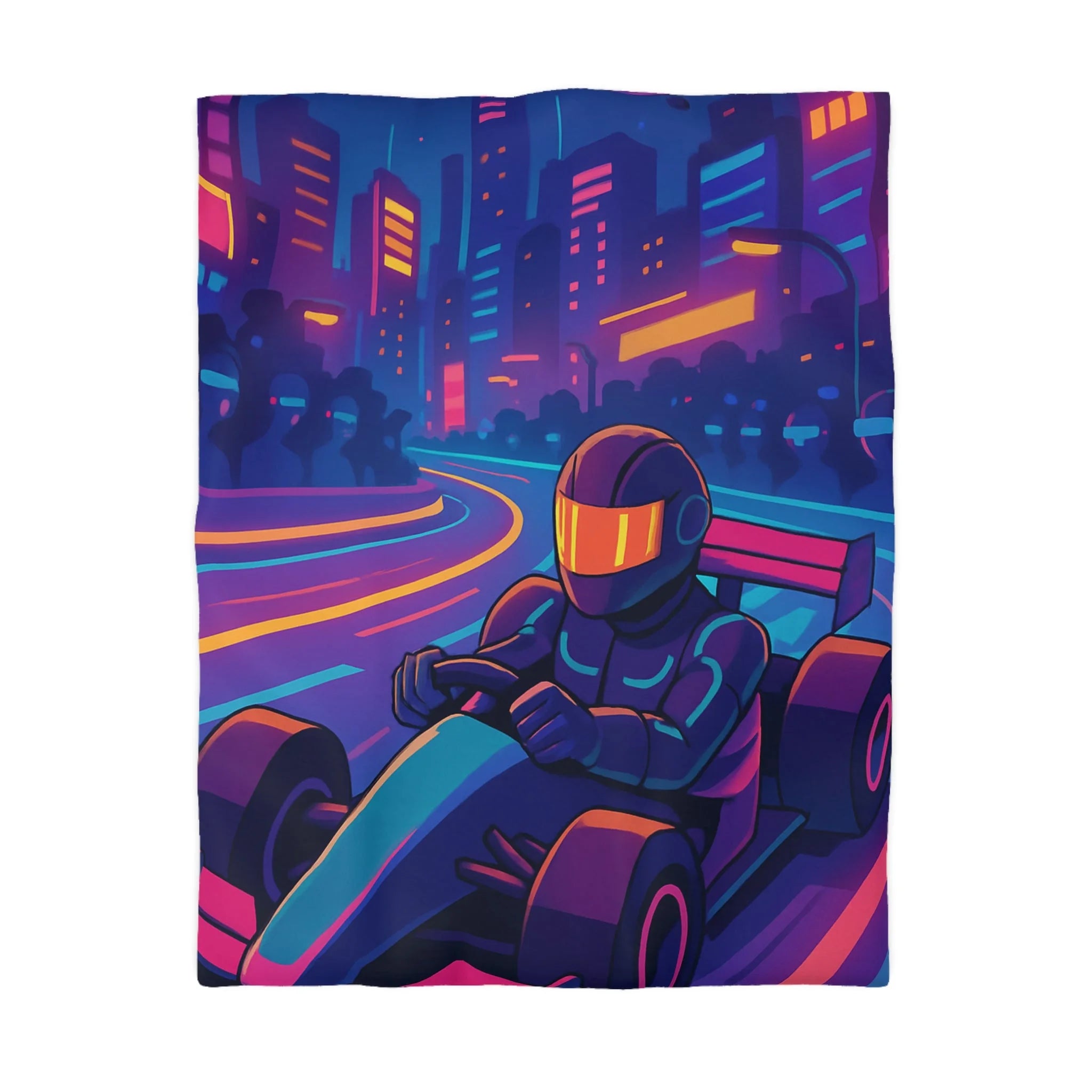 Housse de couette néon style rétro futuriste avec pilote de course en ville
