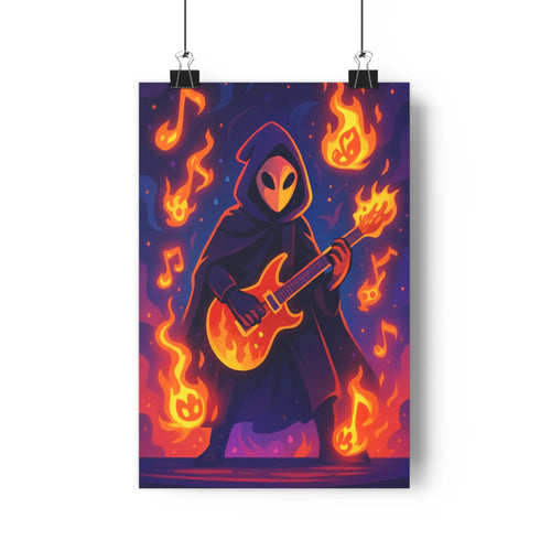 Poster mystérieux musicien guitare flammes notes bleu noir rouge ambiance fantastique moderne vibrant chambre salon