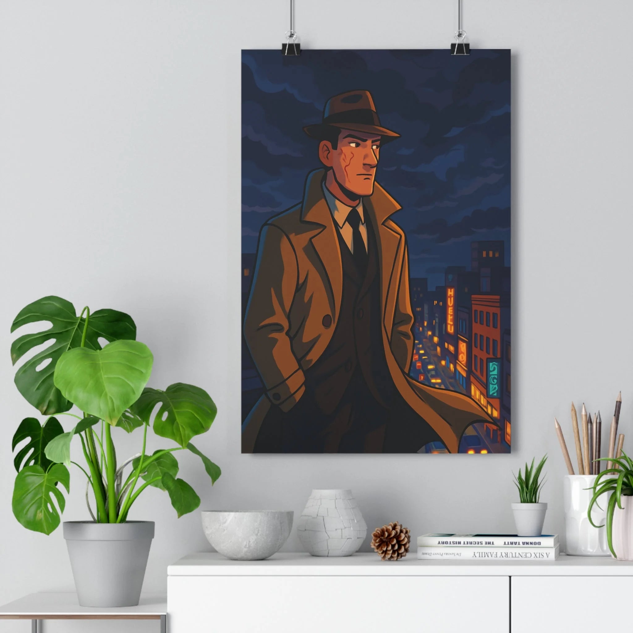 Poster décoratif moderne art déco cartoon urbain mystique homme noir lumineux ville salon bureau