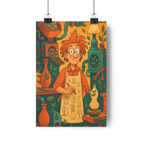 Poster inventeur roux laboratoire objets scientifiques couleurs chaudes tablier jaune plantes machine boutons poignées ambiance créative style cartoon