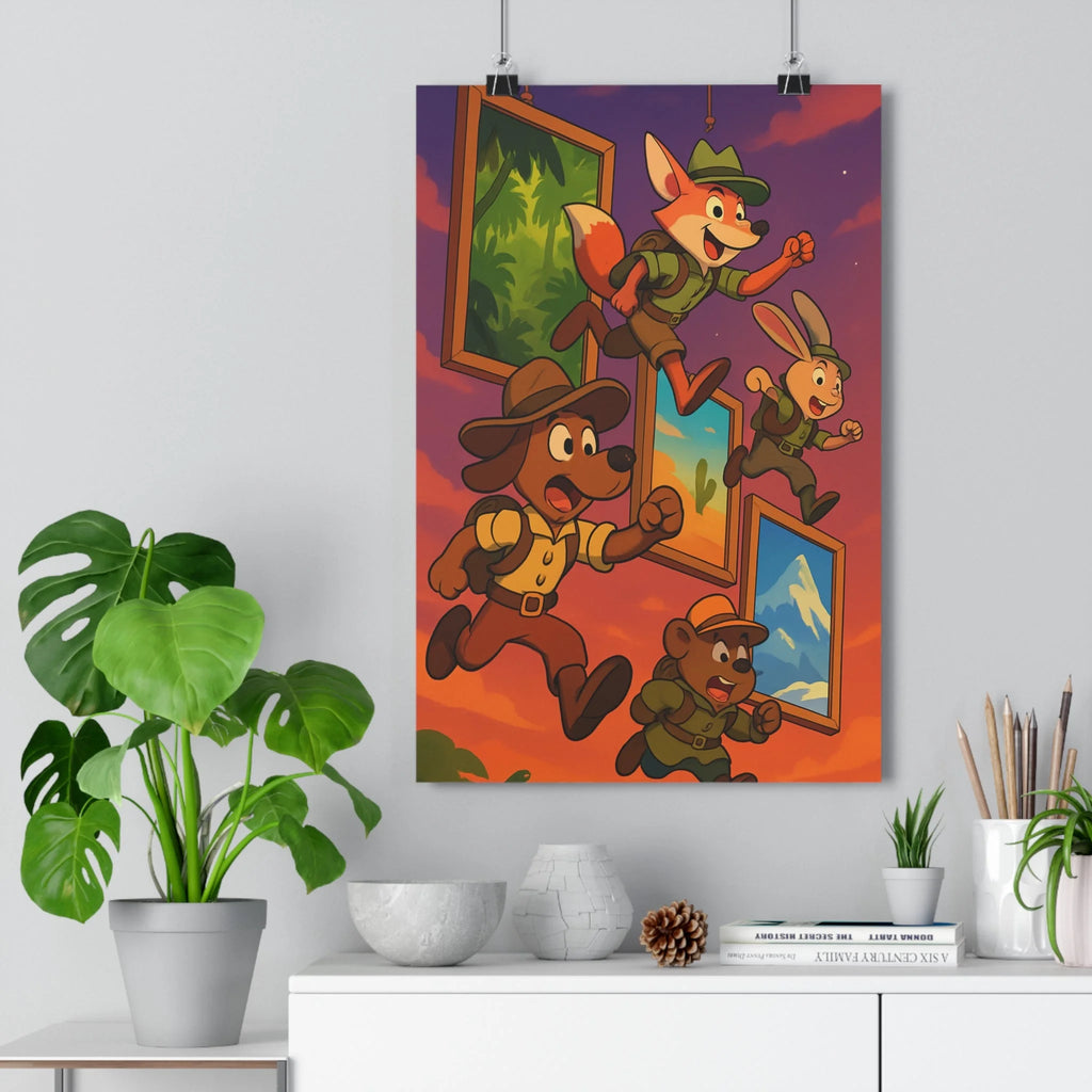 Poster décoratif aventure renard lapin chien ours jungle désert montagne cartoon vibrant joyeux chambre