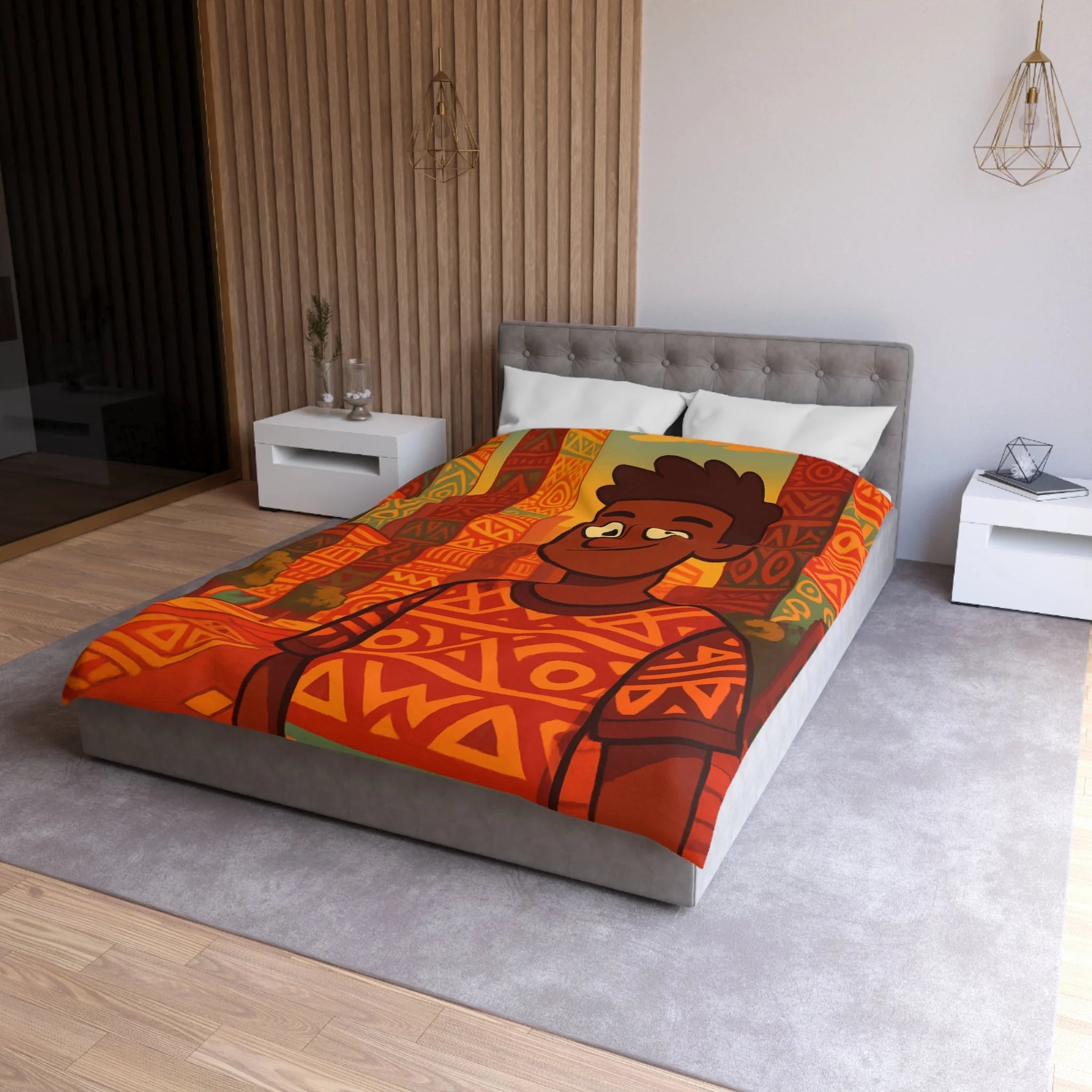 Housse de Couette Personnage Souriant avec Motifs Géométriques et Gratte-Ciel Colorés
