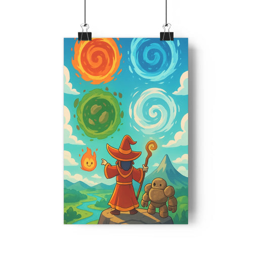 Poster magicienne rocher animal nuages cercles éléments paysage collines rivière bleu rouge vert jaune cartoon fantastique aventure salon chambre