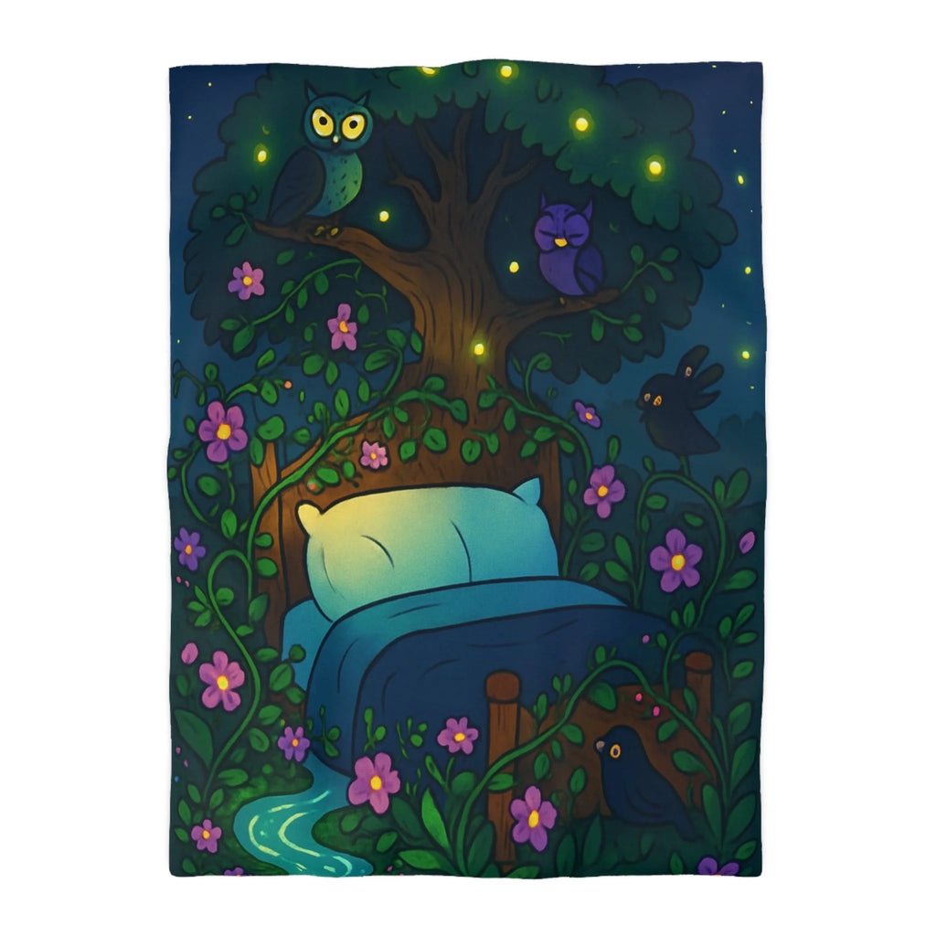 Rêve magique dans une forêt nocturne avec lit et cours d'eau enchanté