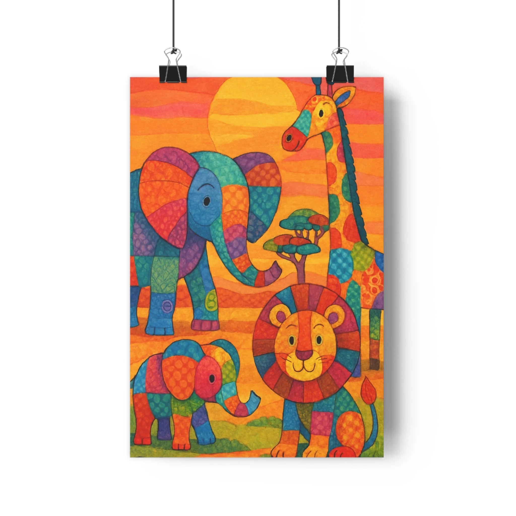 Poster décoratif safari cartoon enfant éléphant lion girafe coloré bleu orange ambiance joyeuse 30x46