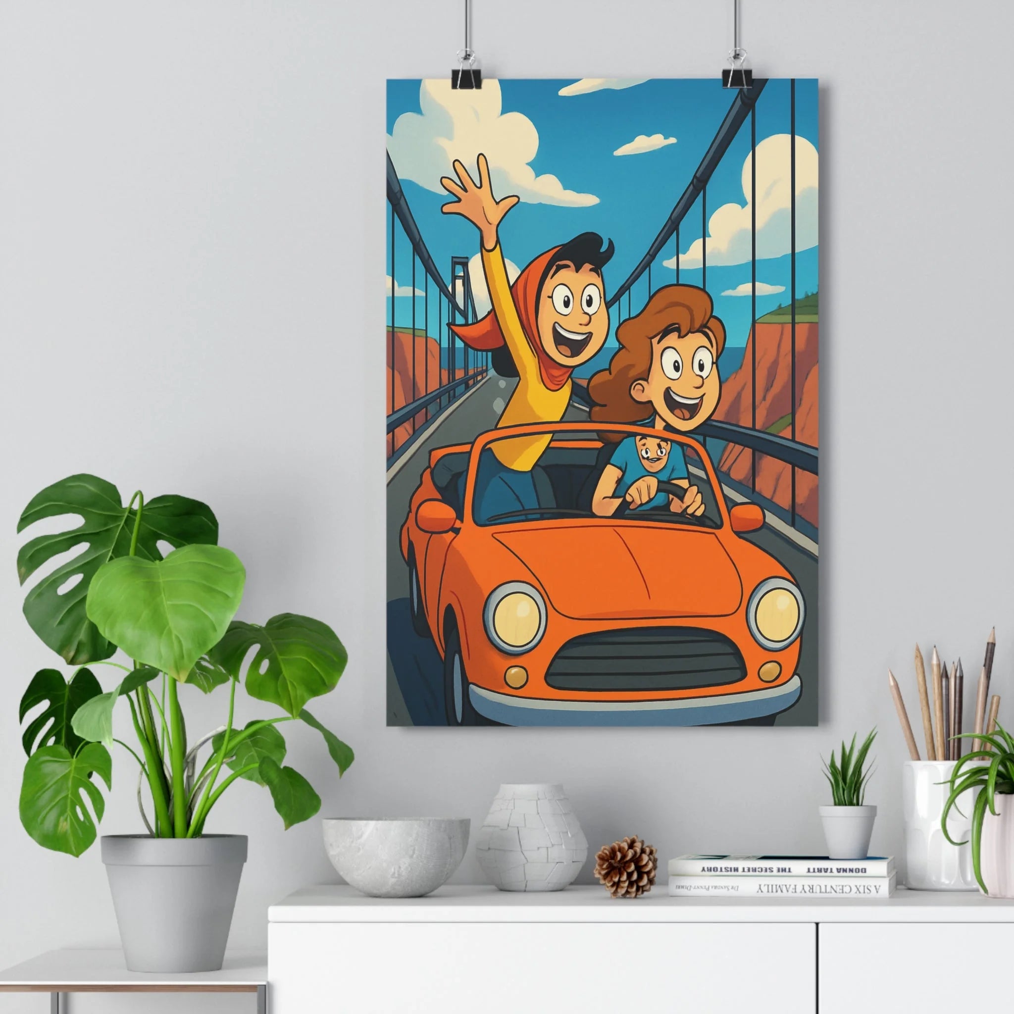 Poster décoratif cartoon joyeux voiture orange pont bleu salon enfant aventure dynamique vibrant qualité