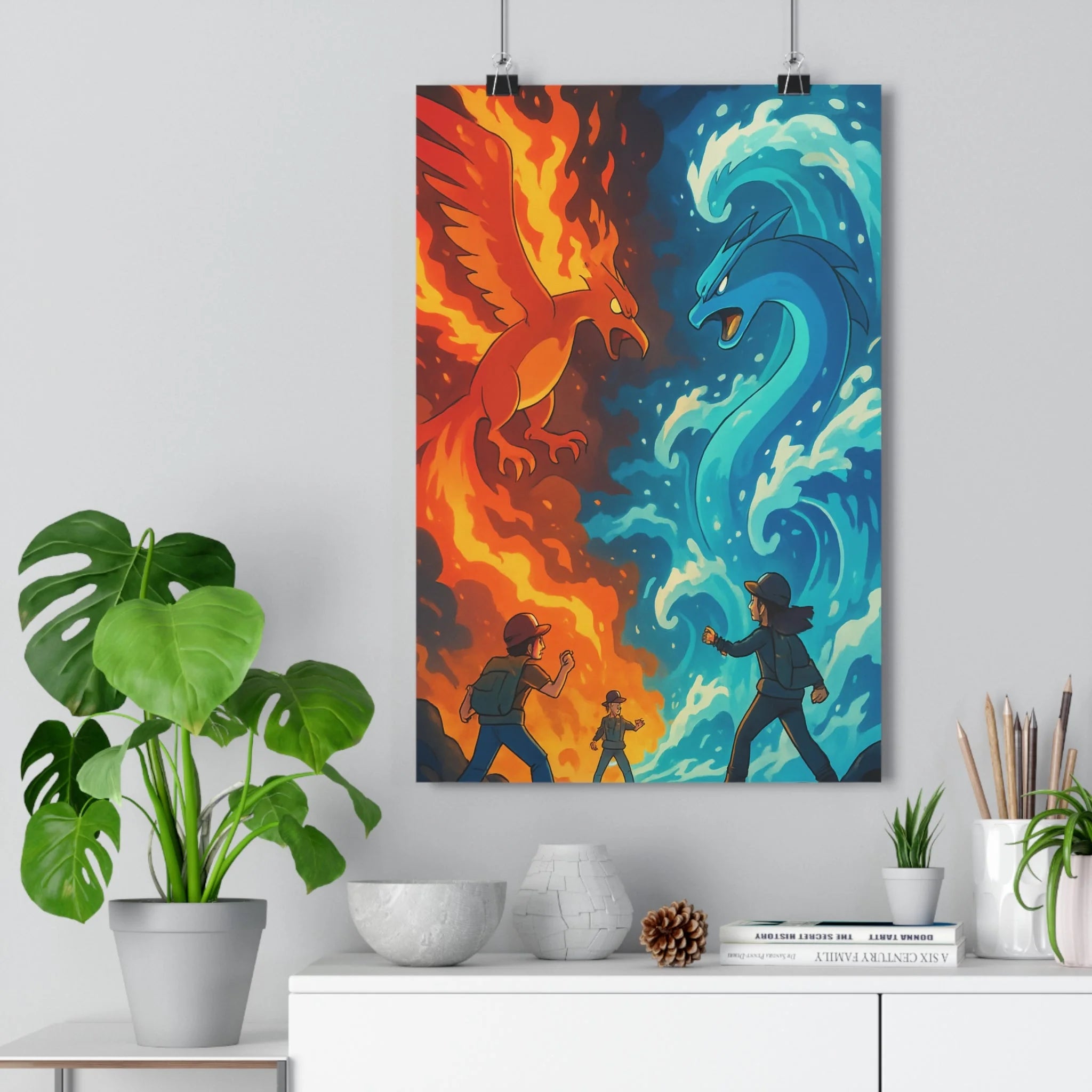 Poster décoratif aventure dragon oiseau vibrant feu eau salon chambre ambiance intense dynamique artistique