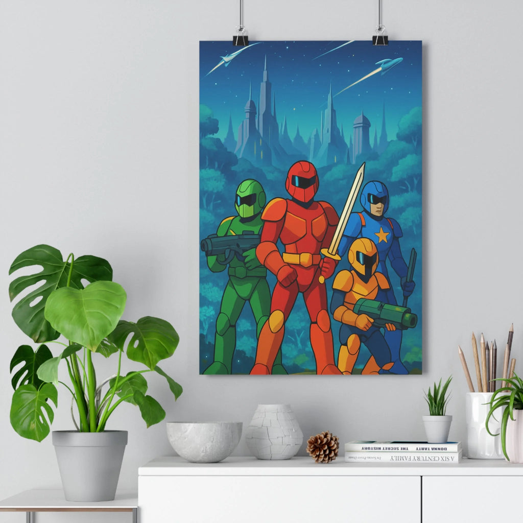 Poster décoratif futuriste rouge vert bleu jaune cartoon épique aventure salon chambre design enfant