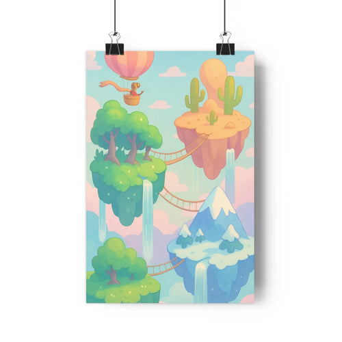 Poster féerique îles flottantes montgolfière paysage neige cactus forêt cascade montagnes bleu pastel vert ambiance paisible rêve chambre enfant