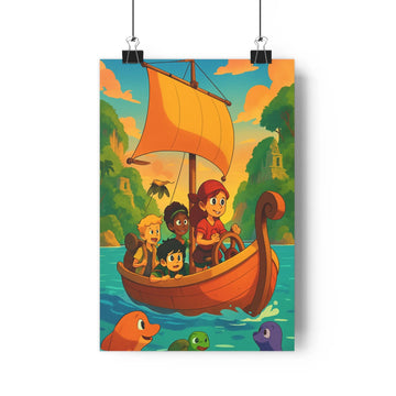 Poster aventure enfants barque voile ciel bleu nuages roses montagnes verdoyantes structures anciennes couleurs vives style cartoon joyeux fantastique chambre
