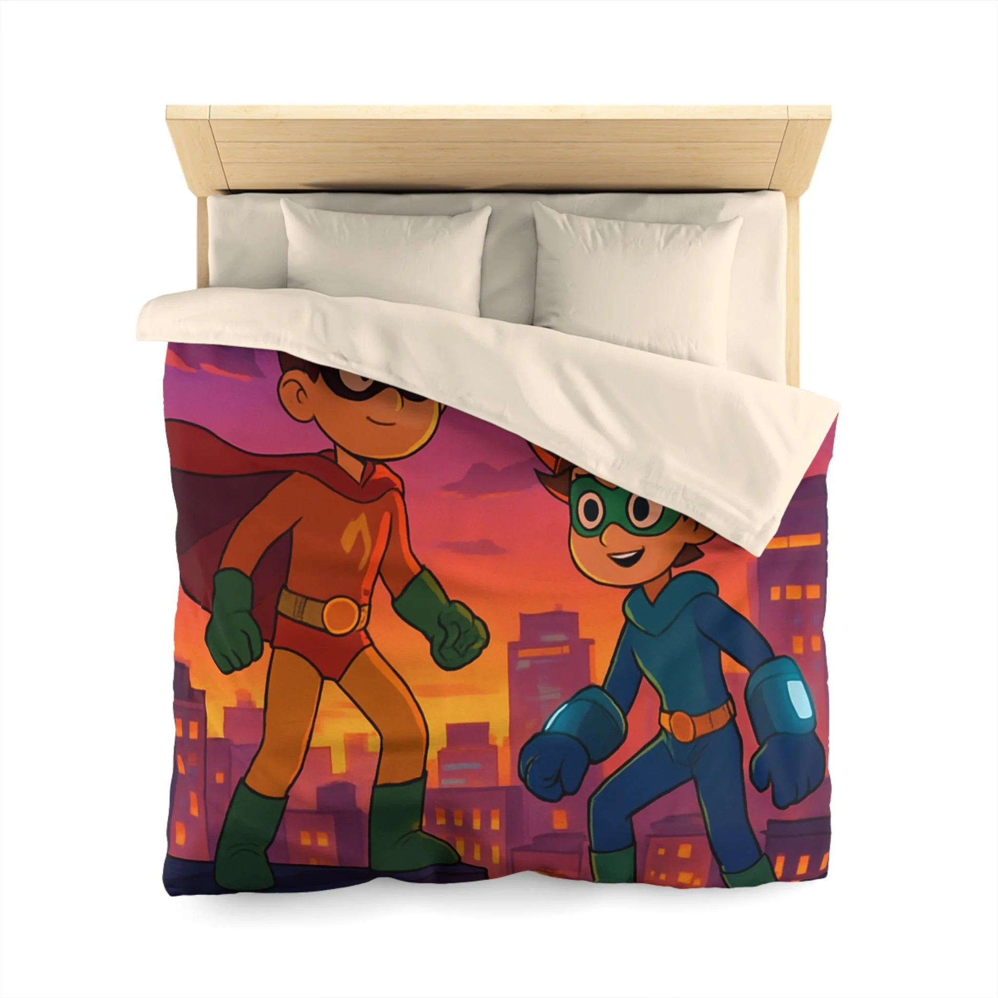 Housse de couette pour enfants avec deux jeunes super-héros au coucher du soleil