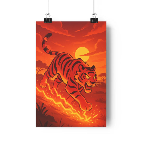 Poster tigre course jungle éclair lune rouge orange intense dynamique arbres plante verte ambiance vibrant salon chambre