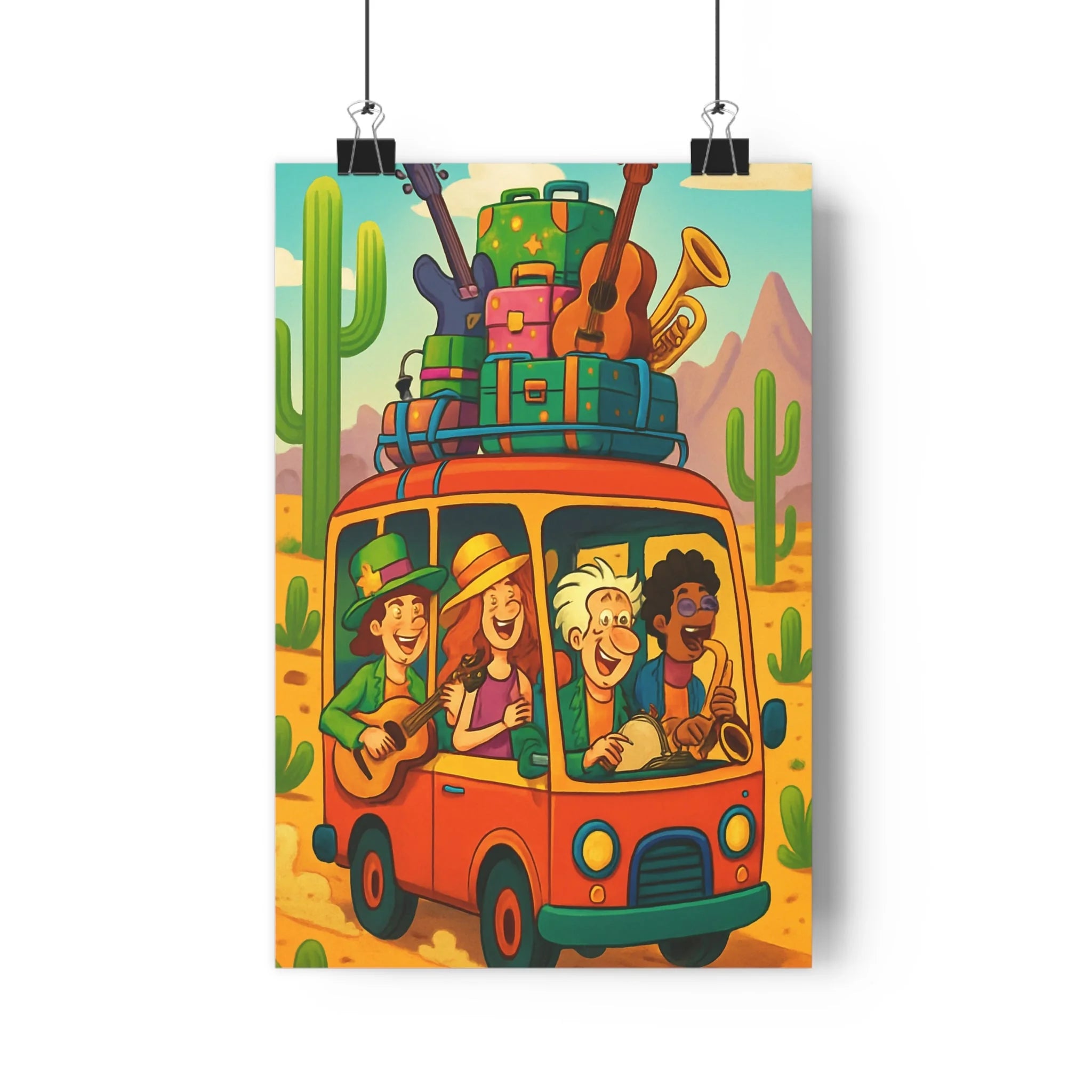 Poster décoratif cartoon joyeux orange désert personnages aventure instruments musique chambre salon coloré ludique
