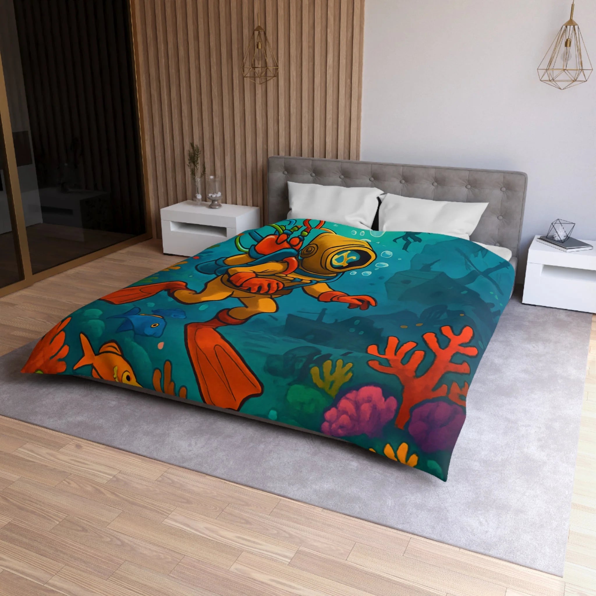 Housse de couette motif plongeur rétro dans un monde sous-marin coloré et mystérieux