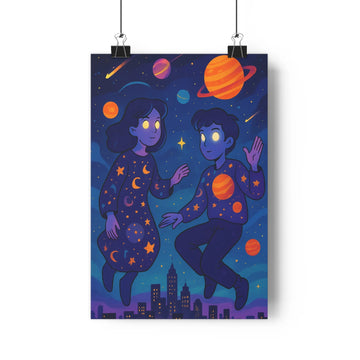 Poster spatial personnages bleus planètes lunes ciel nocturne étoiles buildings moderne coloré fantastique salon chambre
