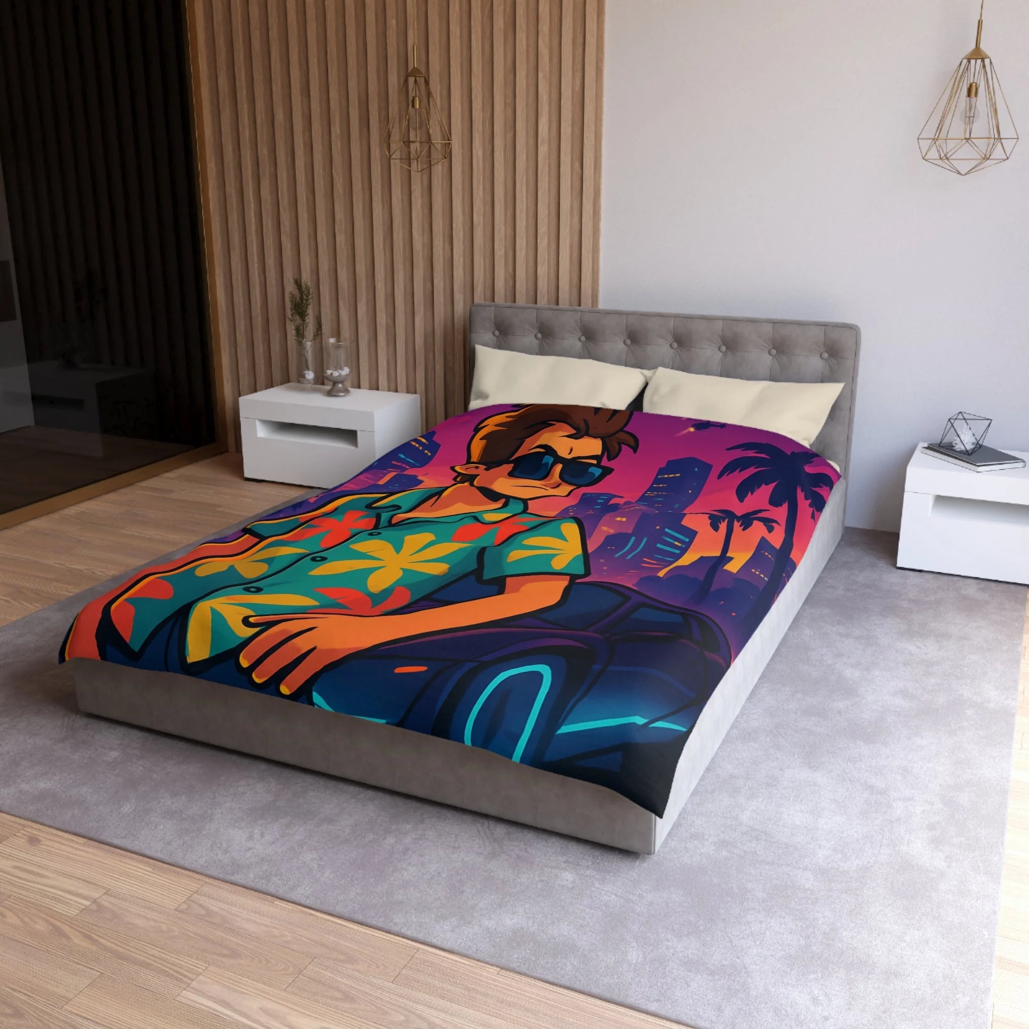 Housse de Couette Style Rétro avec Design Urbain et Palmiers au Crépuscule