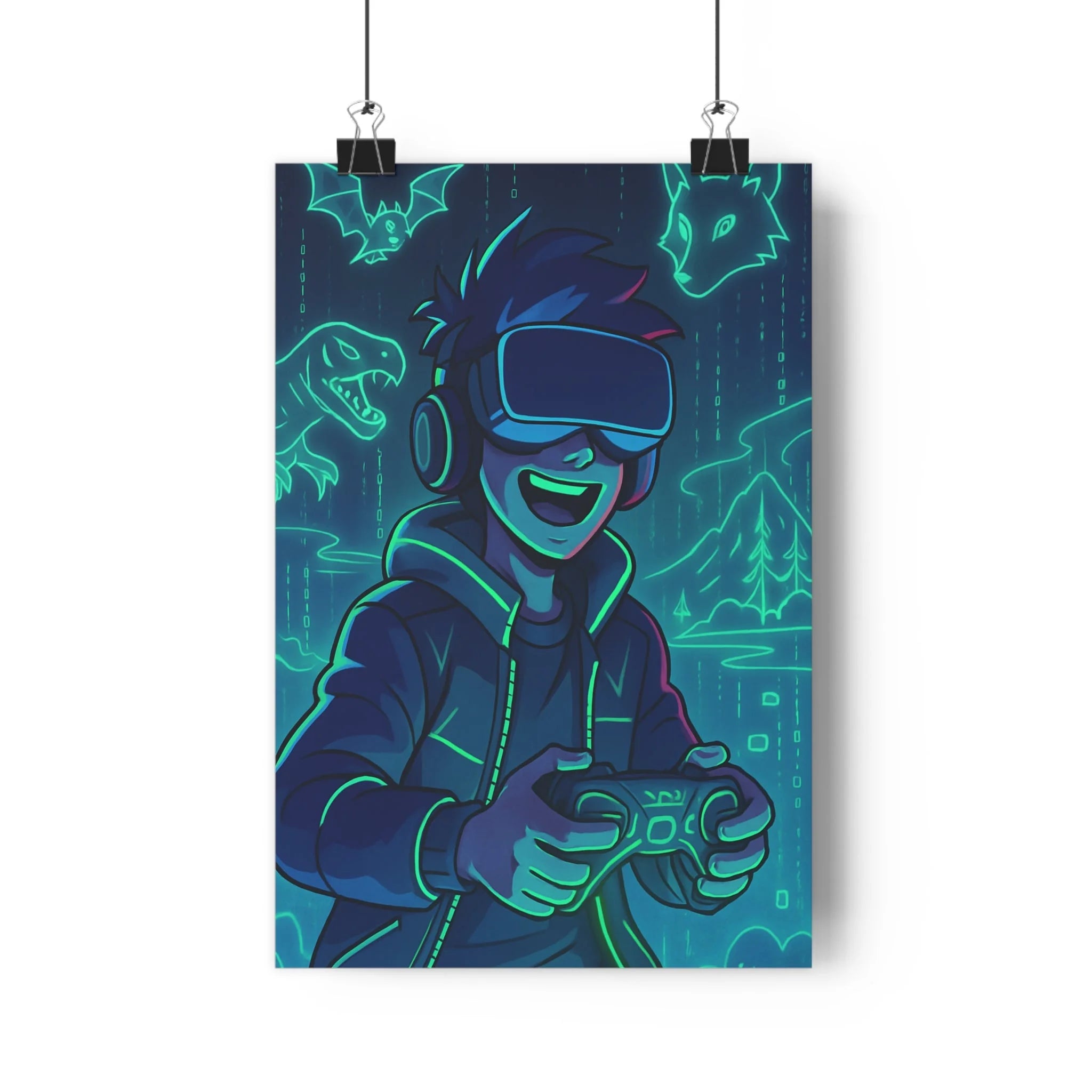 Poster décoratif gaming néon bleu vert cartoon aventure chambre enfant lumineux futuriste immersif dynamique