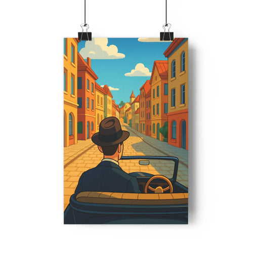 Poster vintage voiture classique rue pavée maison colorée ciel bleu nuages blancs ambience paisible style illustratif couleurs chaudes salon chambre