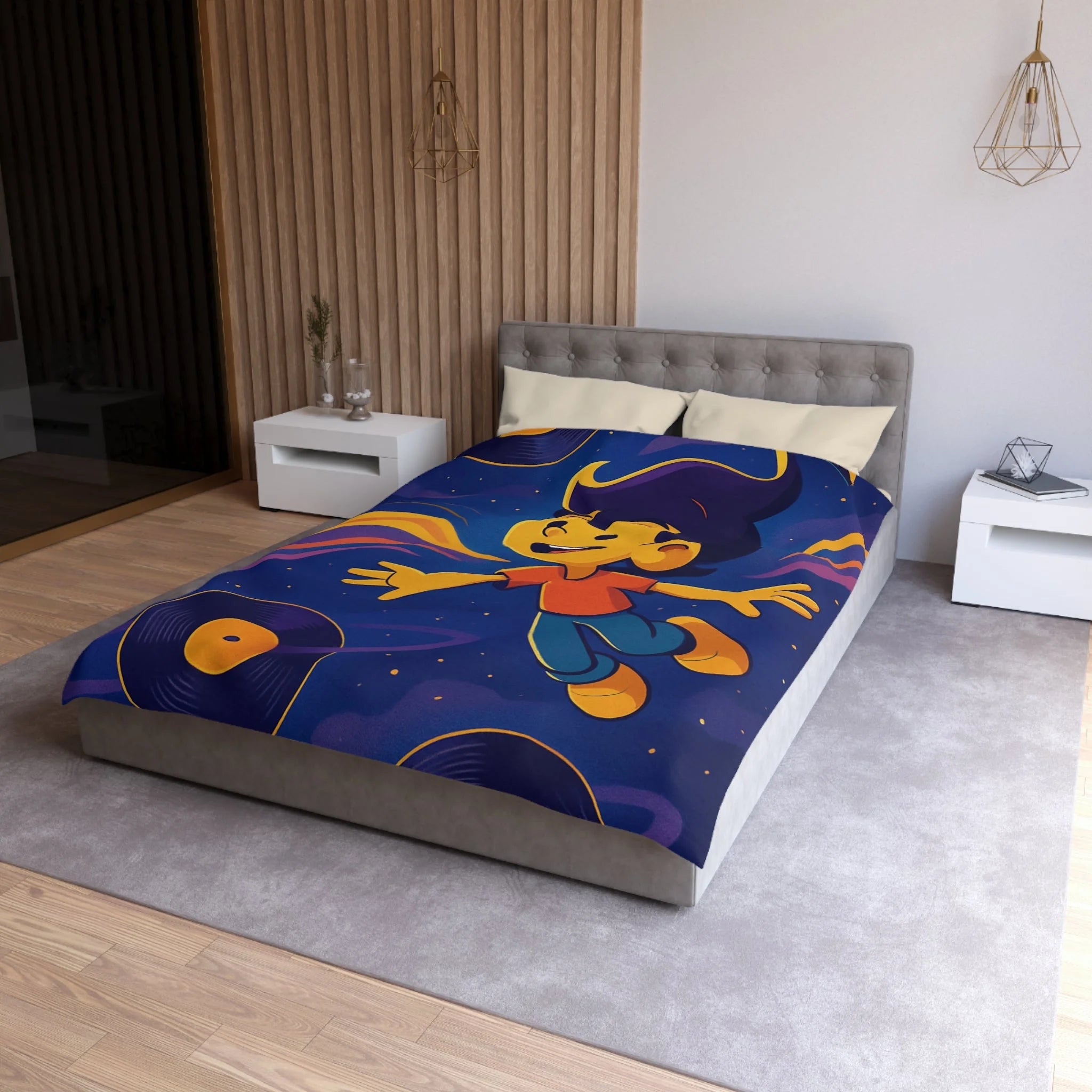 Housse de couette rêve lumineux enfant, aventure musicale, espace éclatant, design contemporain