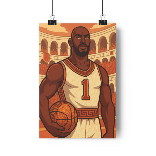 Poster basketball joueur maillot numéro stade spectateurs gradins feux bengale ambiance intense ligne moderne coloré salon énergique tension palpaBLE