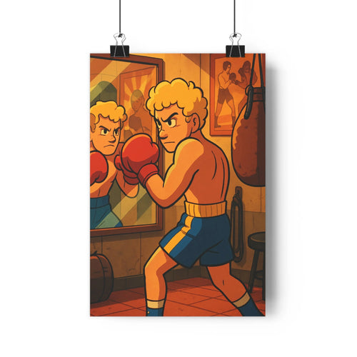 Poster boxeur action shorts bleus gants rouges salle boxe miroir bois sac mur chaise rouge bleu style cartoon couleurs vives