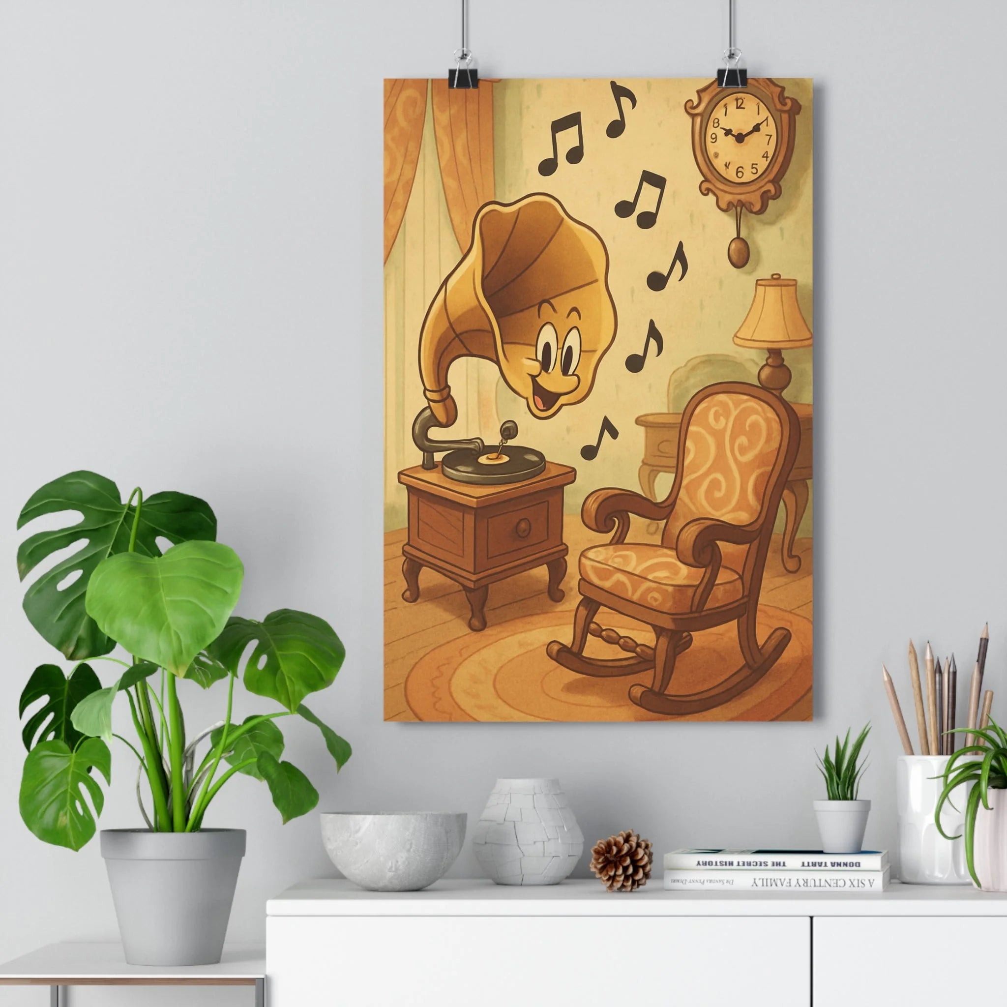 Poster décoratif vintage gramophone notes musique joyeuses salon rétro chaud brun beige ambiance qualité