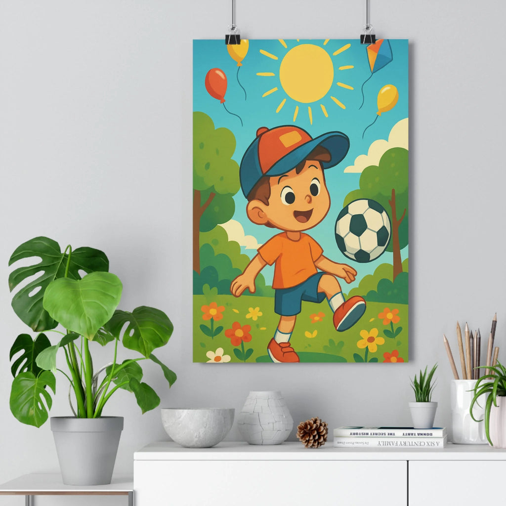 Poster décoratif coloré football enfant cartoon joyeux chambre garçon rêve nature soleil parc qualité