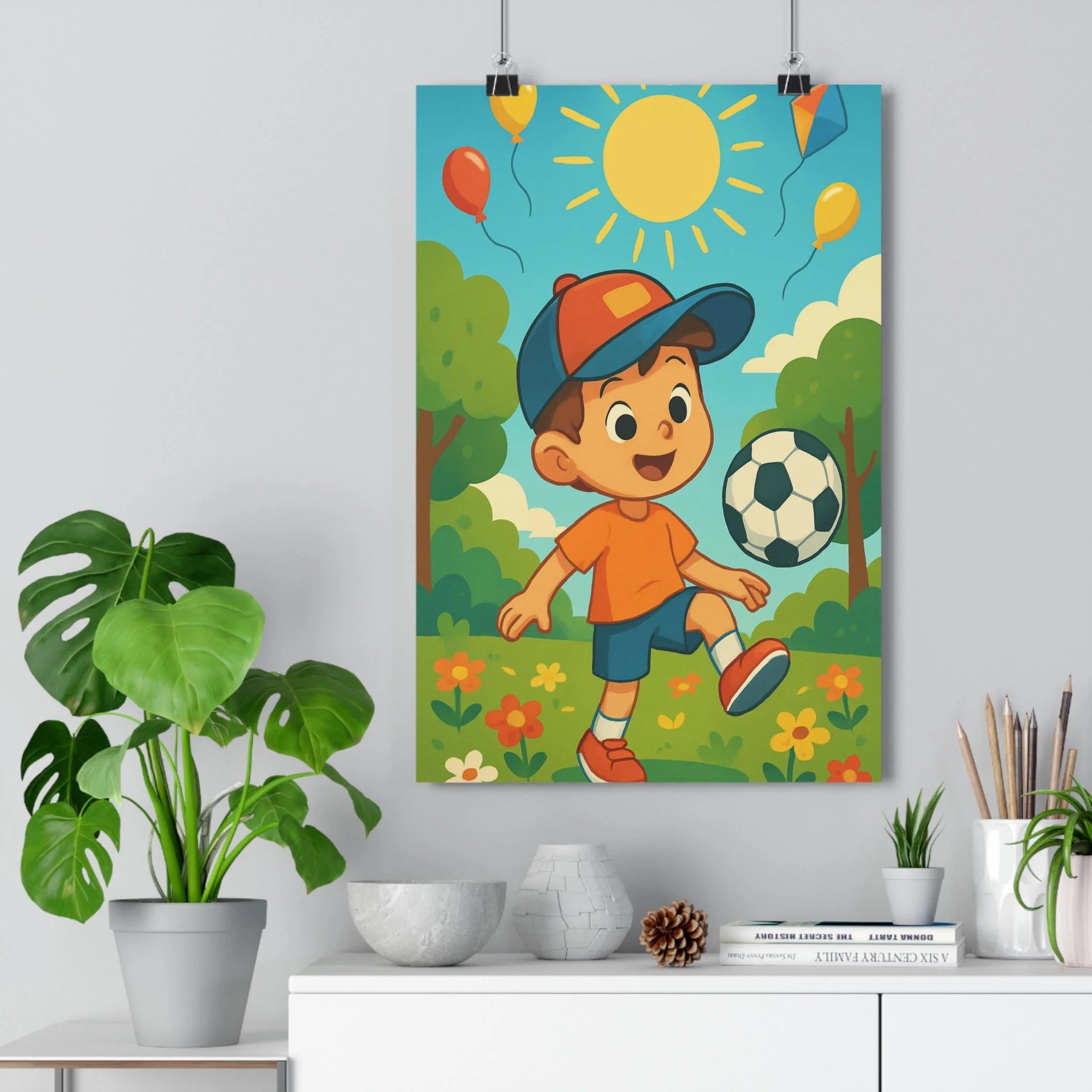 Poster décoratif coloré football enfant cartoon joyeux chambre garçon rêve nature soleil parc qualité