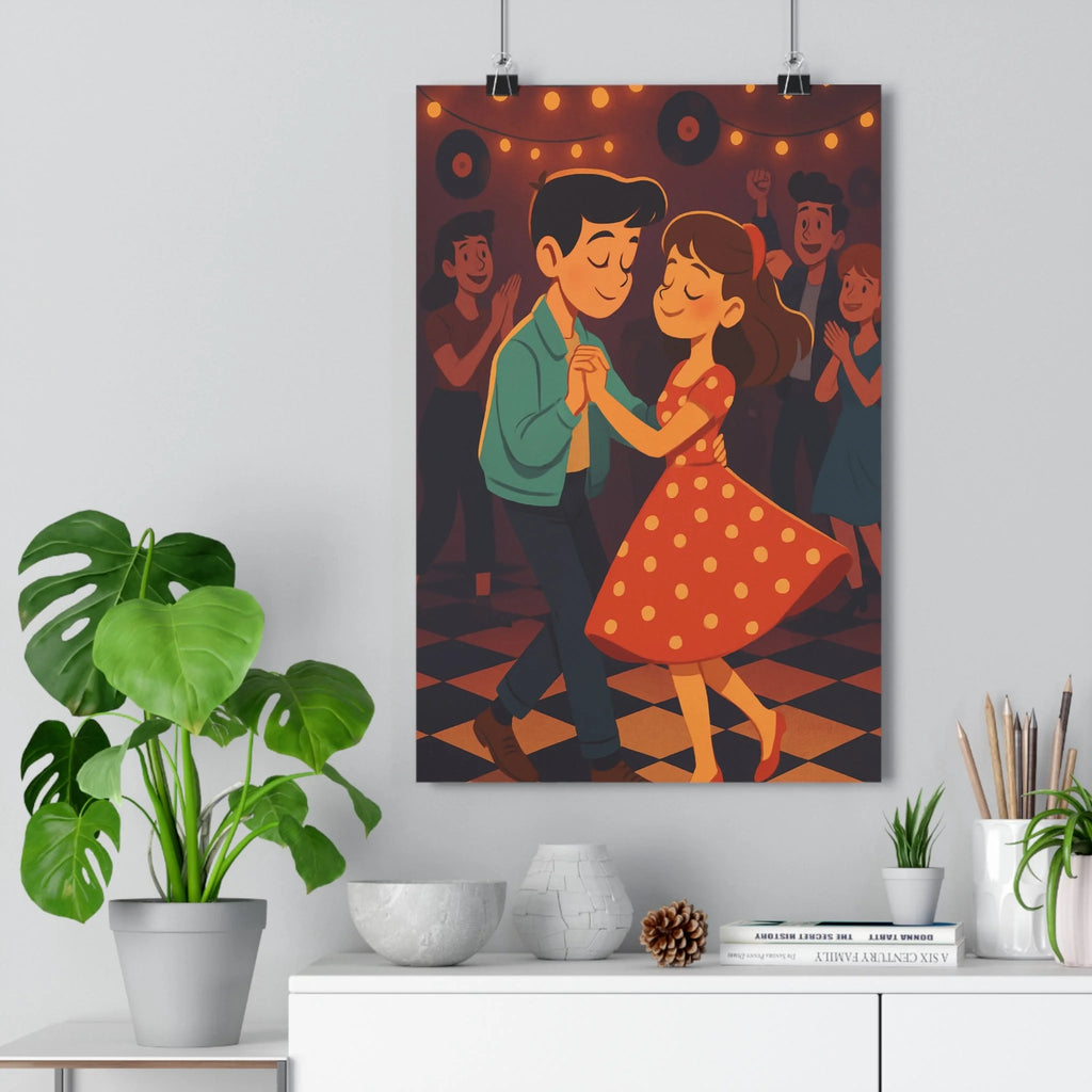 Poster décoratif romantique vintage danse rétro cartoon couleurs chaudes salon ambiance nostalgique chambre tendance