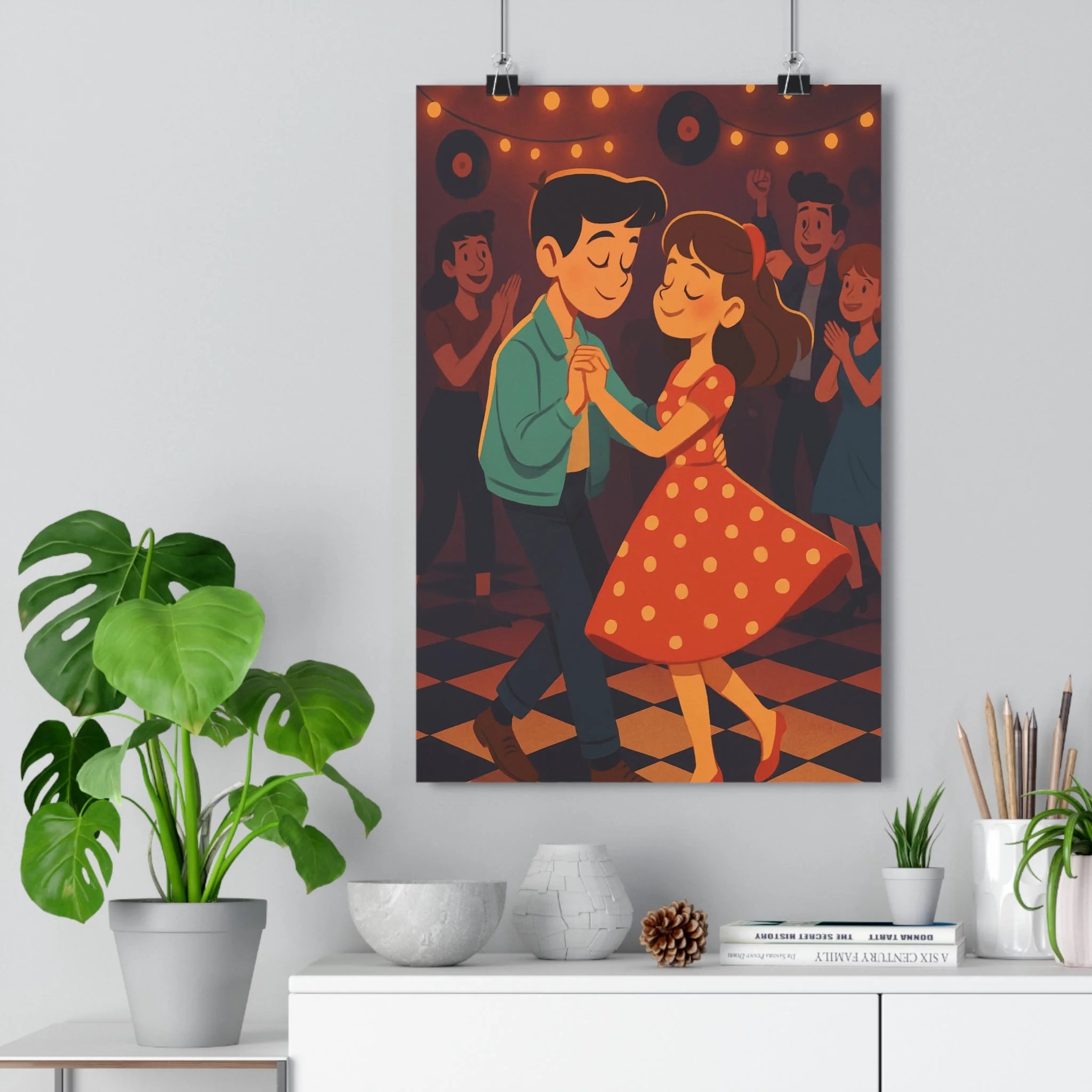 Poster décoratif romantique vintage danse rétro cartoon couleurs chaudes salon ambiance nostalgique chambre tendance