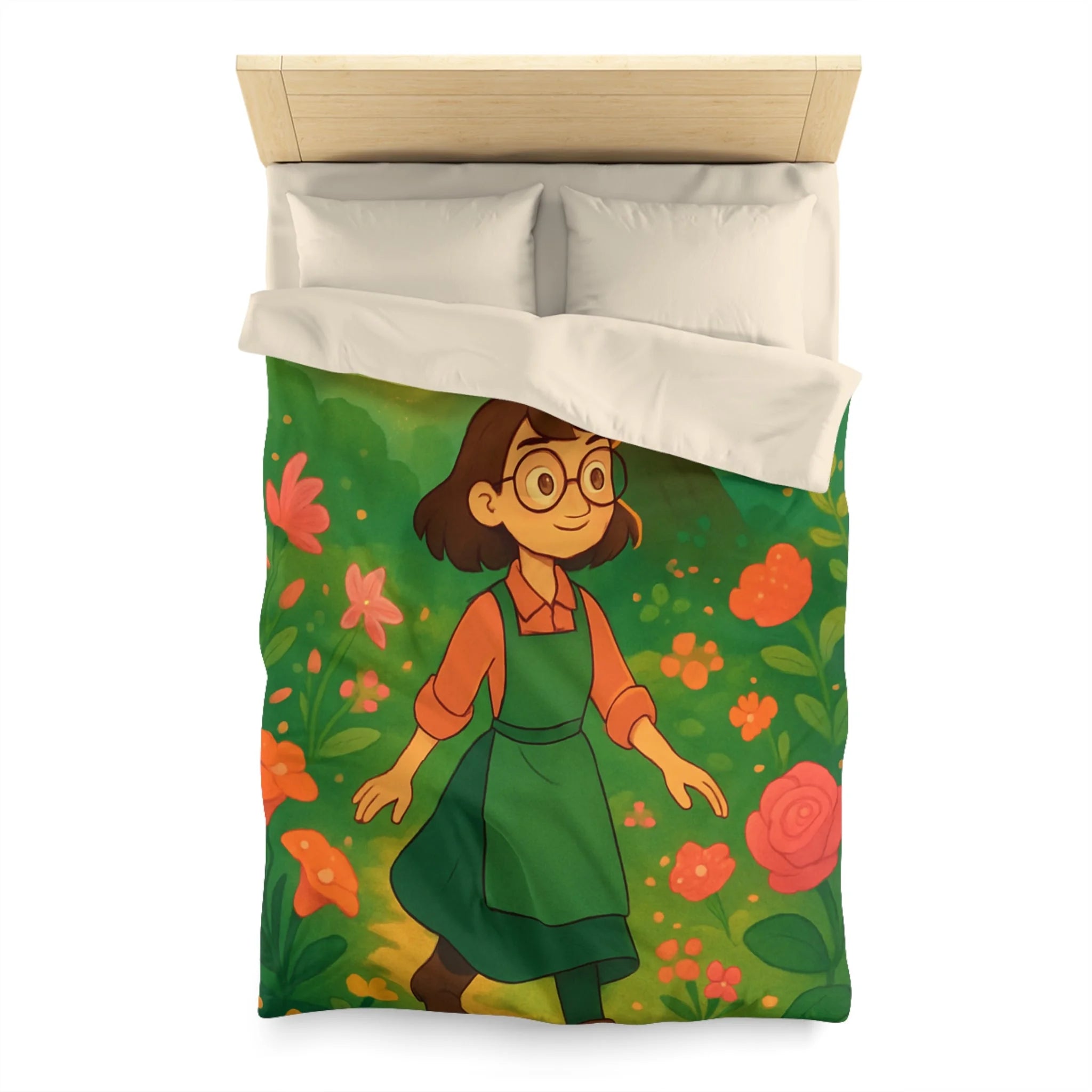 Housse de Couette Motif Pastoral Fille Promenade Fleurie Arbre Lumières Magie Enchantée