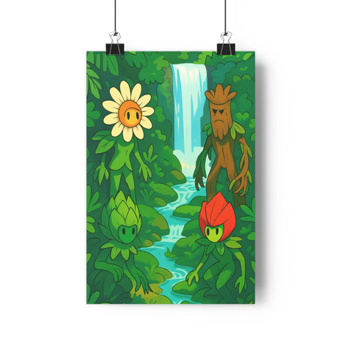 Poster forestier cartoon cascade fleur souriante arbre personnage fruits expressifs végétation verte joyeuse amicale chambre salon