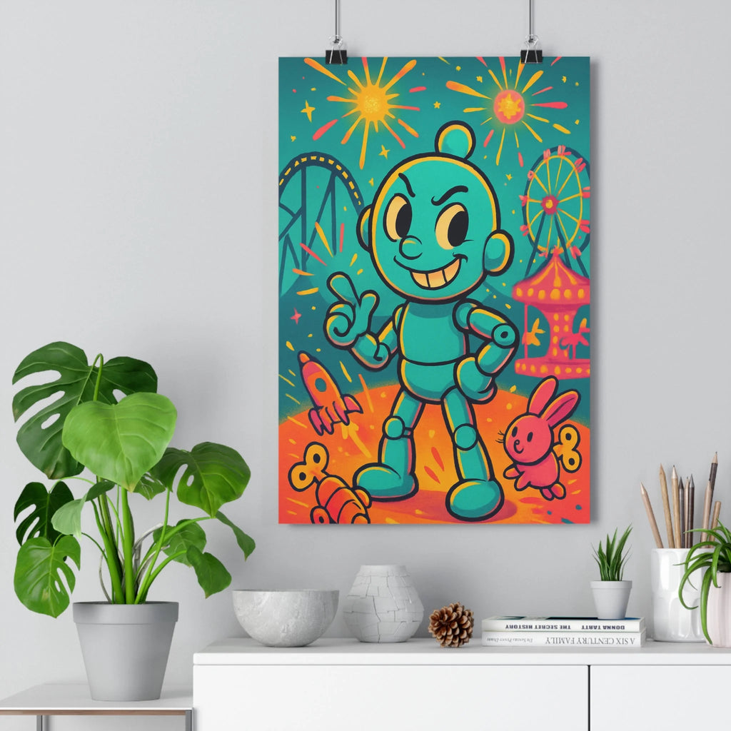 Poster décoratif vintage jeu robot jouet bleu orange rose chambre enfant joyeux 30x46 cm