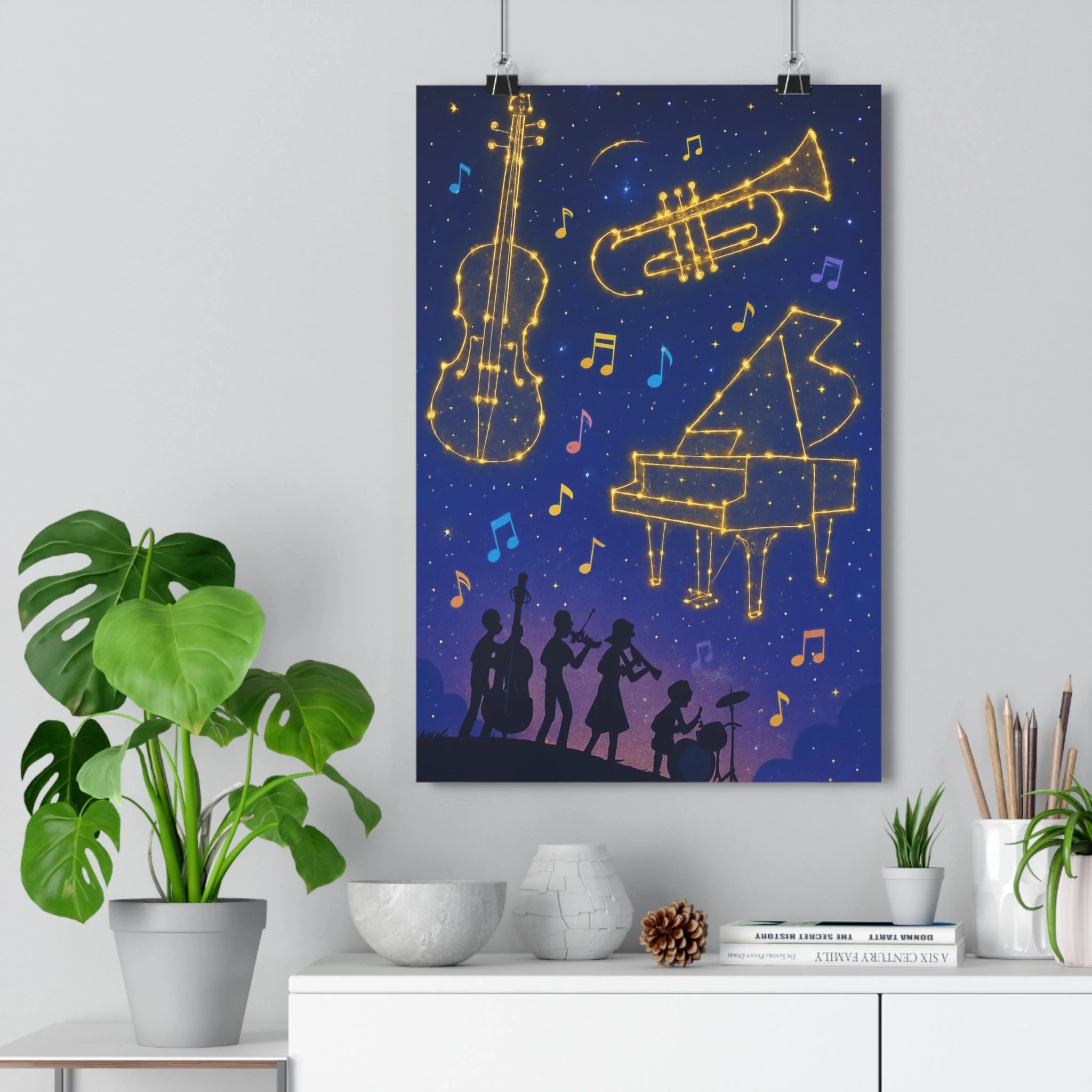 Poster décoratif cartoon ciel étoilé instruments musique magique nocturne chambre salon 30x46 cm vibrant