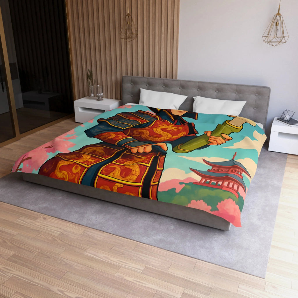 Housse de Couette Samouraï Japonais avec Armure Traditionnelle et Cerisiers en Fleurs