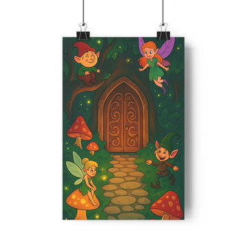 Poster féerie cartoon lutins fée monstera magie naturelle enchantée pierres chemin portes motifs floraux ailes vertes branches rouge brun ambiance