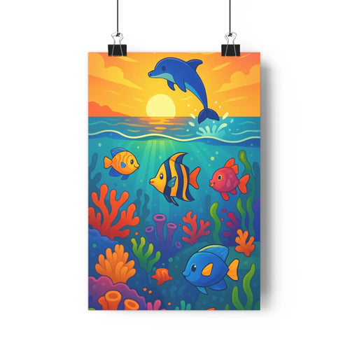 Poster océan dauphin poissons corail couchant coloré cartoon joyeux vivant chambre salon vibrant naturemarine