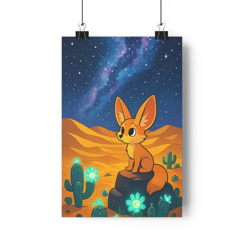 Poster cartoon désert nocturne cactus fleurs lumineuses renarde rocher ambiance paisible bleu jaune orange salon chambre enfant