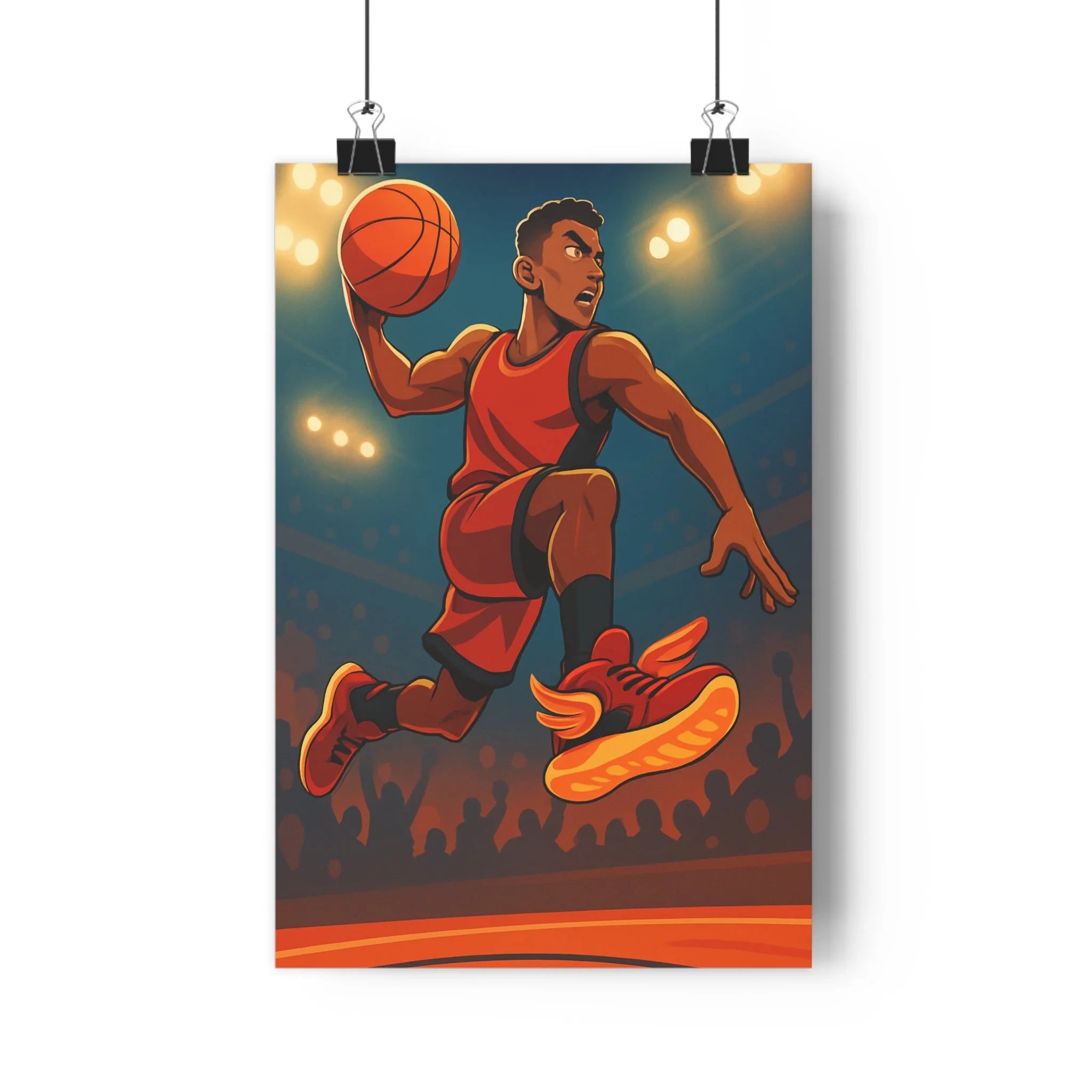 Poster décoratif basket animé rouge vibrant chambre enfant dynamique sportif ambiance excitante contrastée moderne