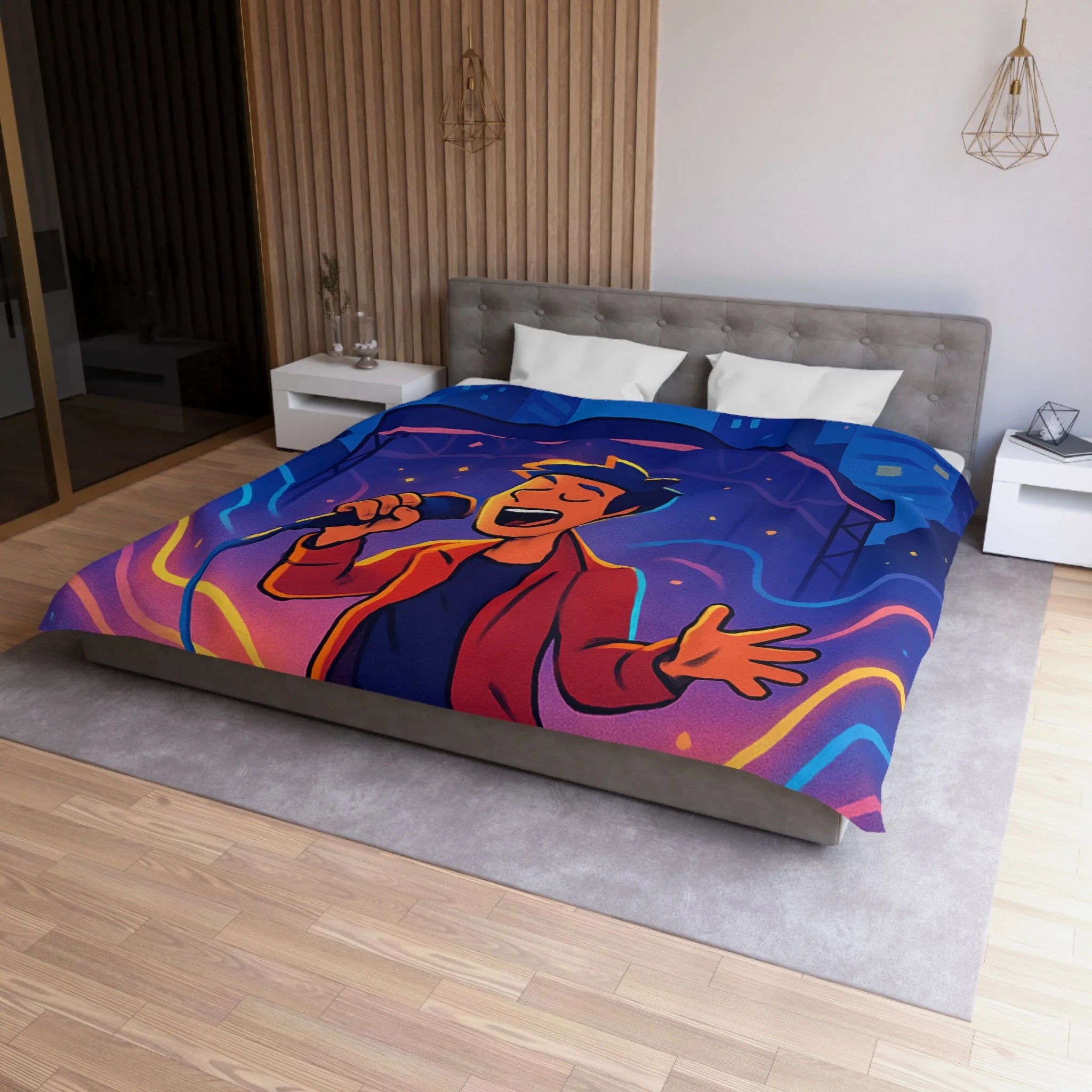 Housse de couette scène vibrante de concert nocturne avec chanteur et couleurs éclatantes