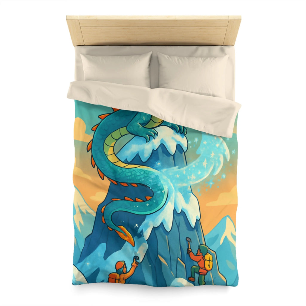 Montagne enneigée gardée par un dragon crachant de la glace, aventure épique illustrée